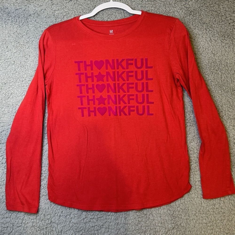 Gap Kids Girls Thankful Red Pink Heart Embroider Long Sleeve Cotton T-shirt XXL